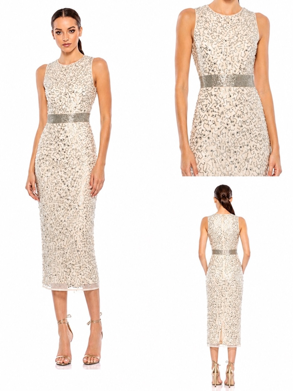 NWT Mac Duggal Geometric Embellished Sleeveless Gown (Nude/Silver)#93578  Size 2